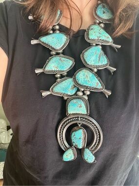 VINTAGE SILVER AND TURQUOISE SQUASH BLOSSOM NECKLACE